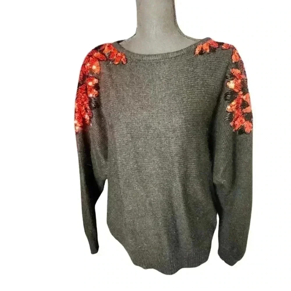 Donagain Vintage Silk Blend Sweater with Red Sequin & Dolman Sleeves, size M